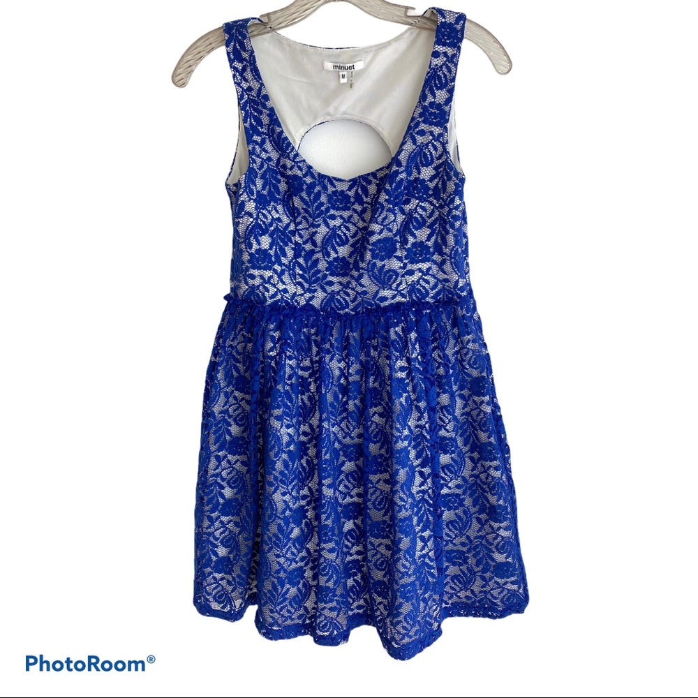 Minuet Cobalt Blue Overlay Lace Dress with White Lining Size Medium